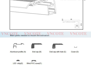 Sơ đồ linh kiện nẹp LED cầu thang NPL-LED-B-3.0 VNCOTE gồm thanh nhôm, nắp PC và đầu bịt.