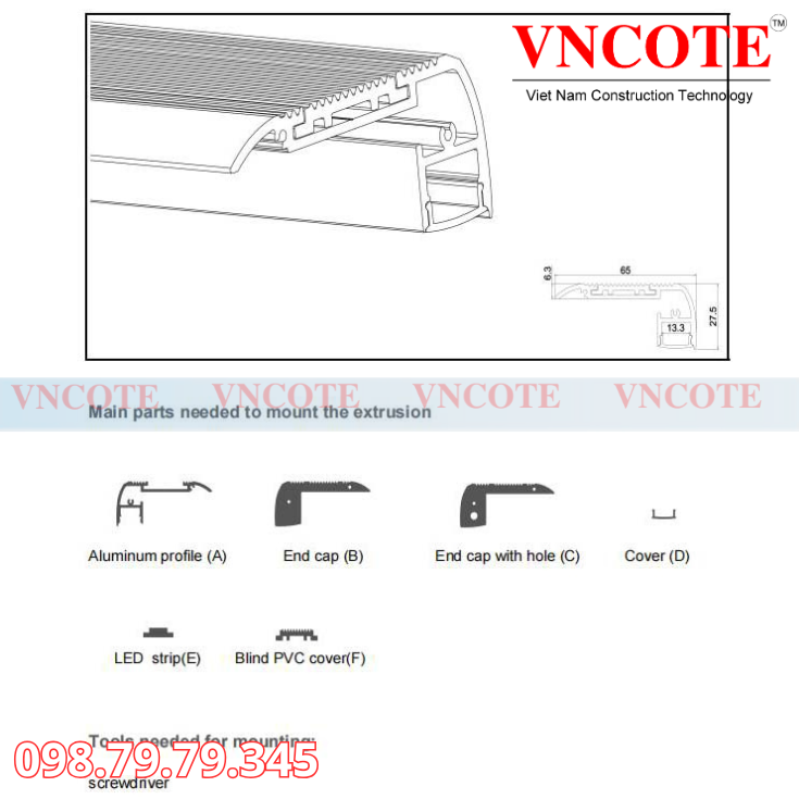 Sơ đồ linh kiện nẹp LED cầu thang NPL-LED-B-3.0 VNCOTE gồm thanh nhôm, nắp PC và đầu bịt.